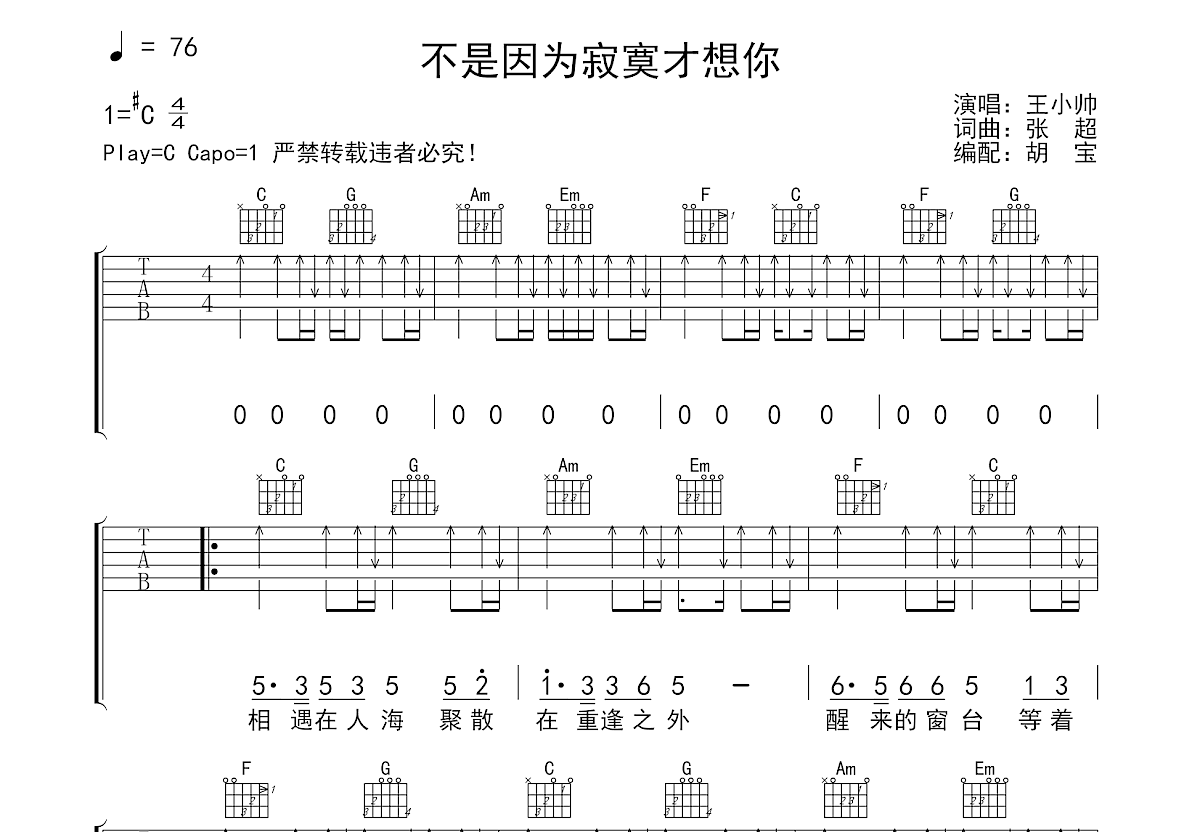 不是因为寂寞才想你吉他谱预览图