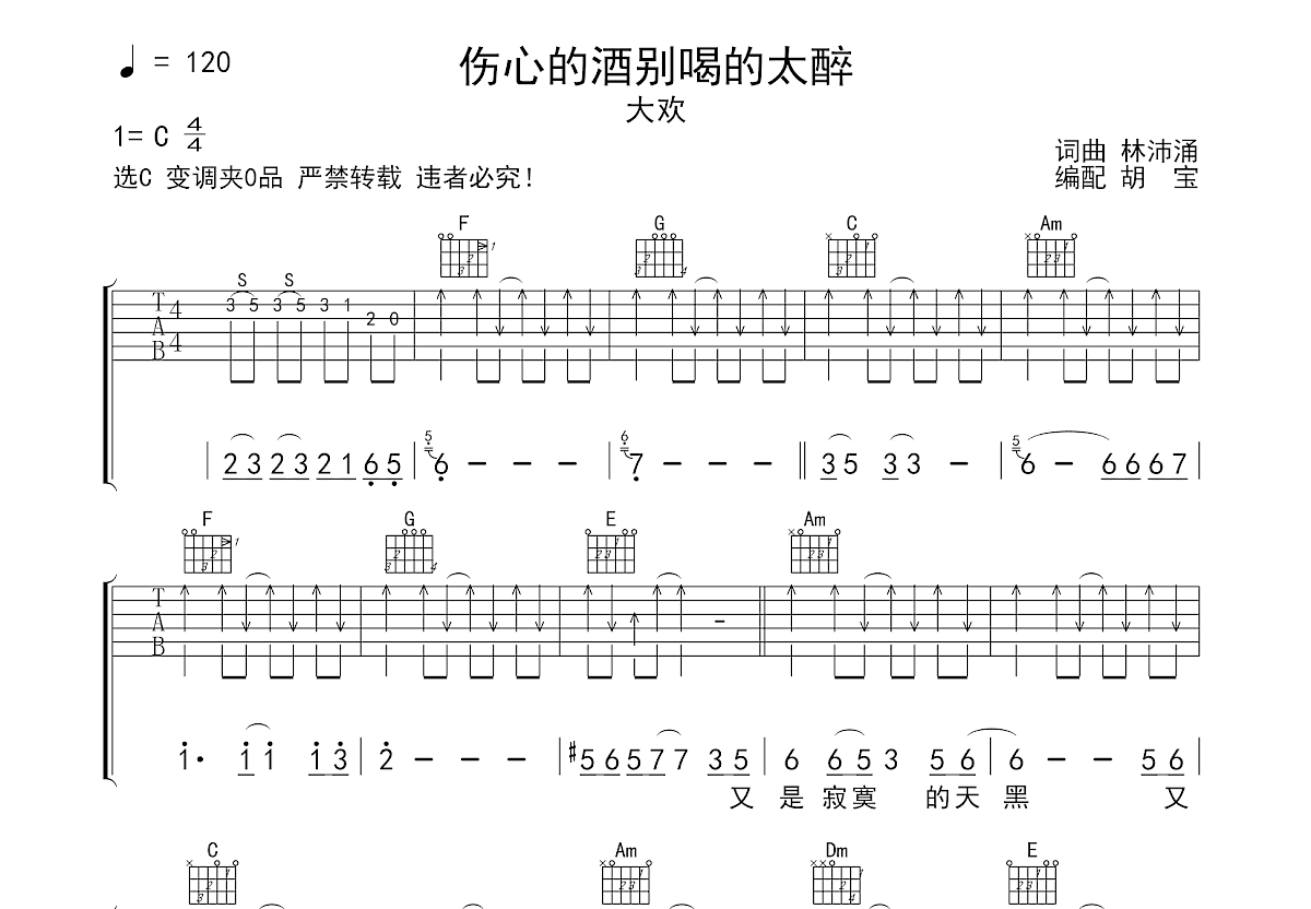 伤心的酒别喝的太醉吉他谱预览图