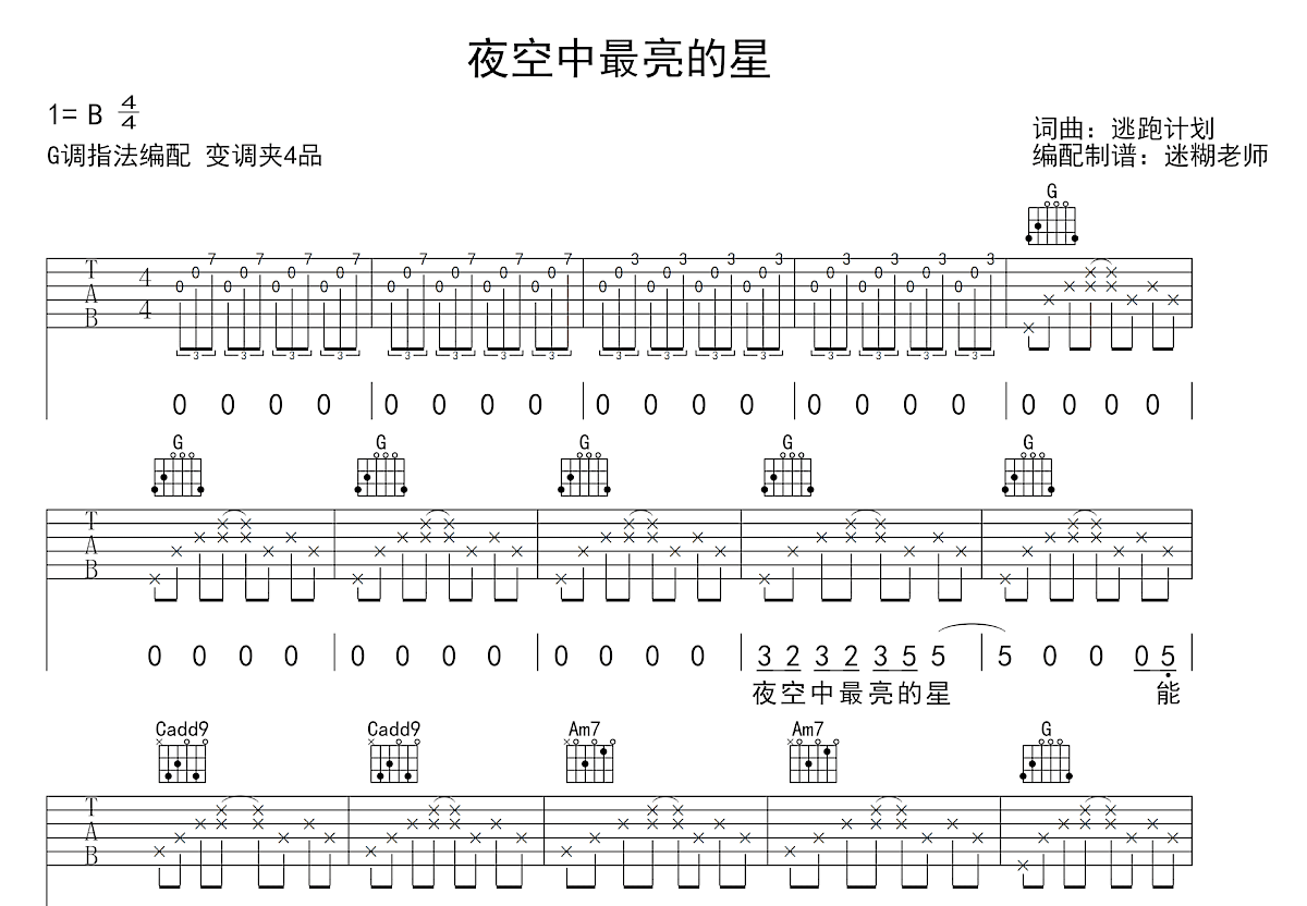 夜空中最亮的星吉他谱_逃跑计划_G调弹唱