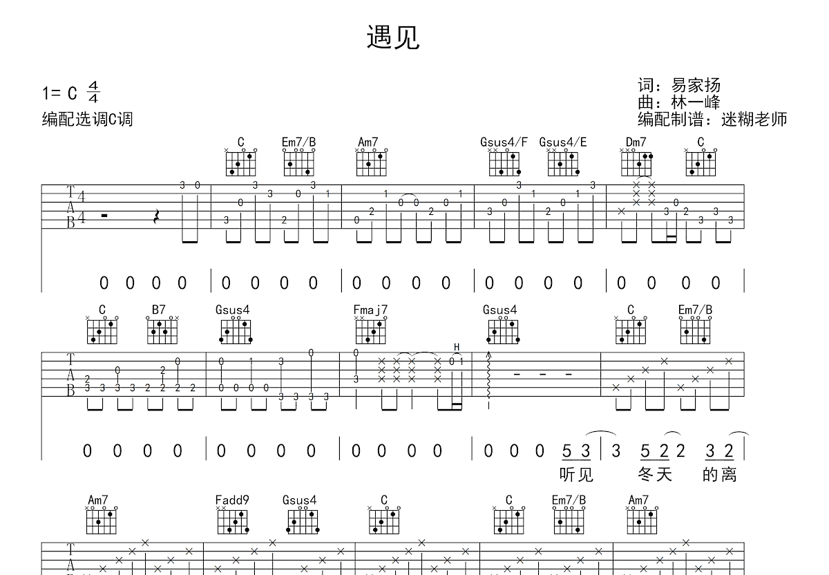 遇见吉他谱_孙燕姿_C调弹唱