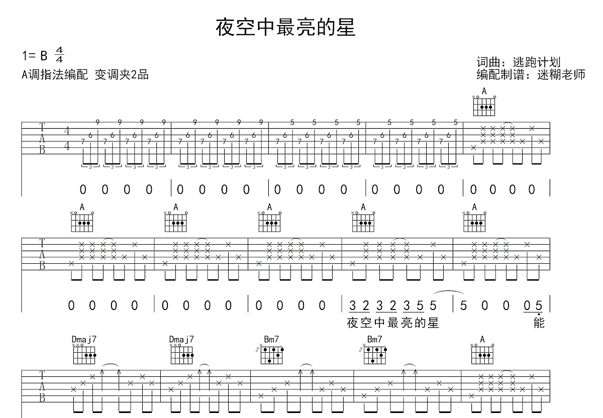 夜空中最亮的星吉他谱_逃跑计划_A调弹唱