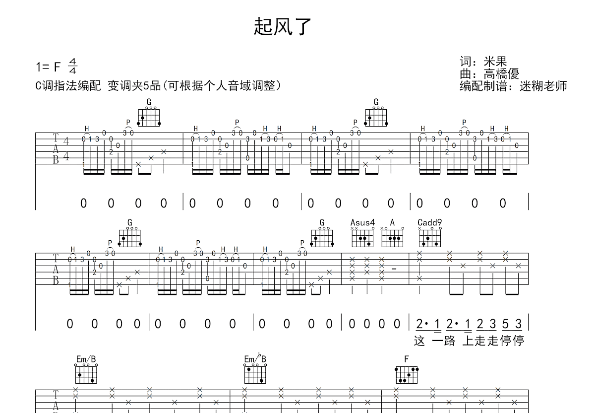 起风了吉他谱预览图