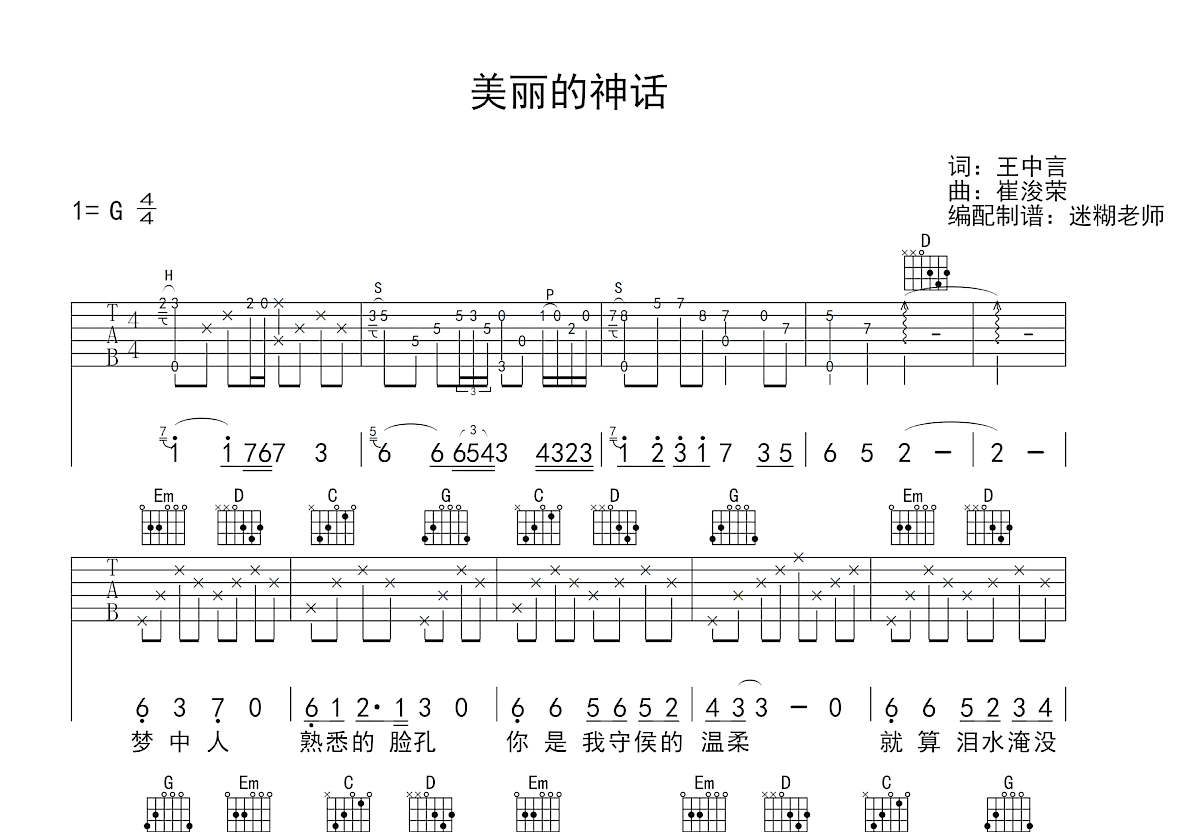 美丽的神话吉他谱预览图