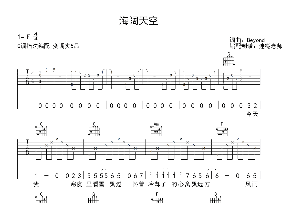 海阔天空吉他谱_Beyond_C调弹唱
