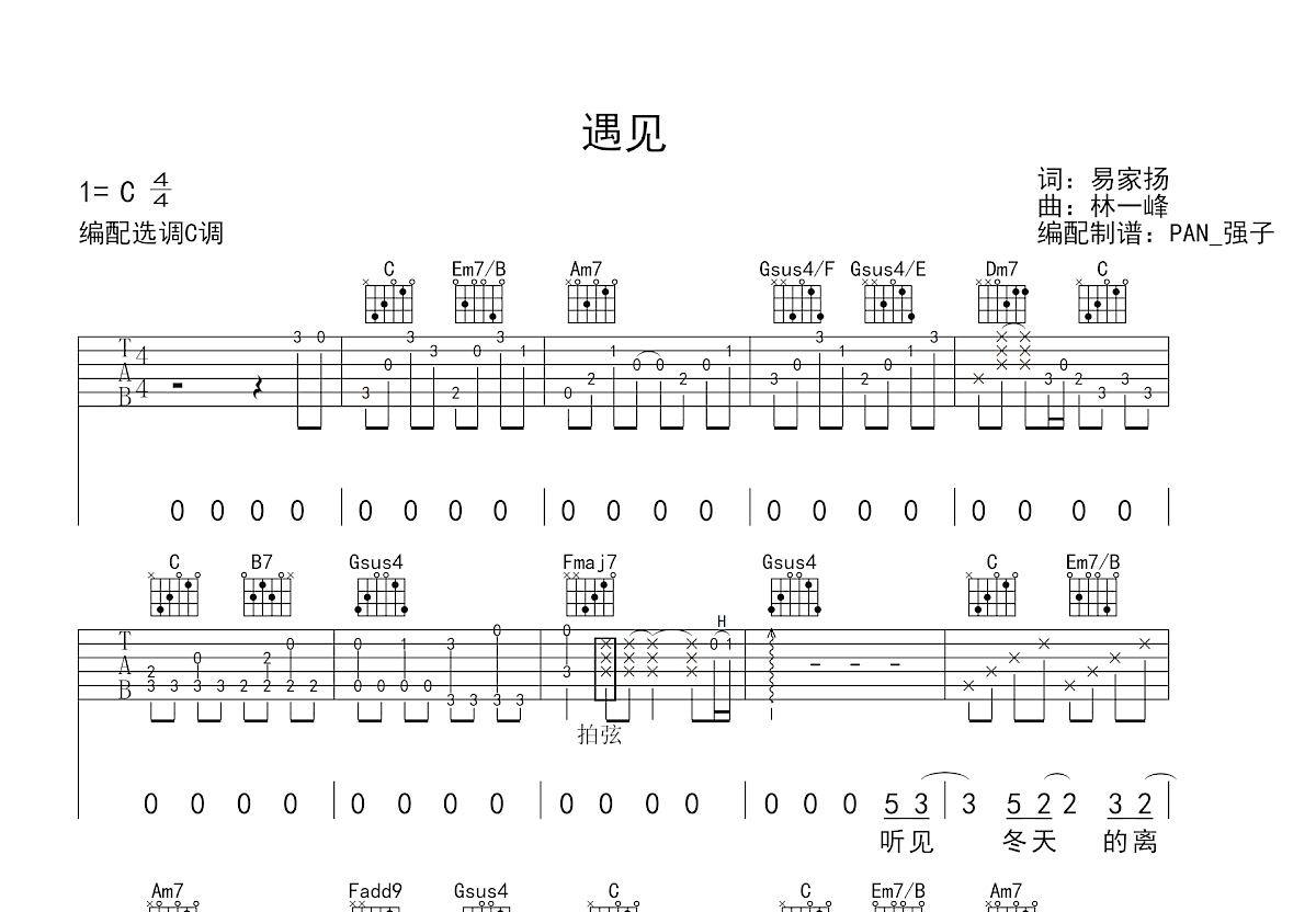 遇见吉他谱_孙燕姿_C调弹唱