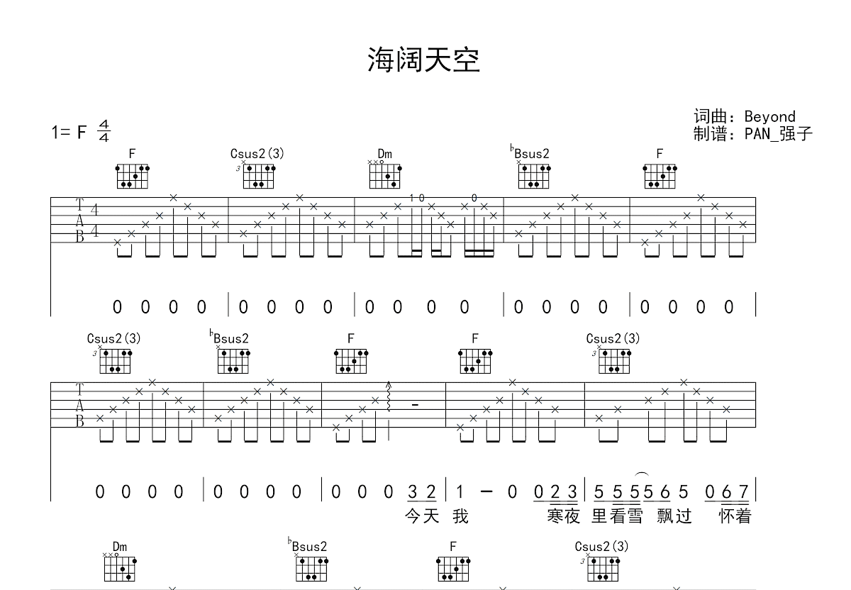 海阔天空吉他谱_Beyond_F调弹唱