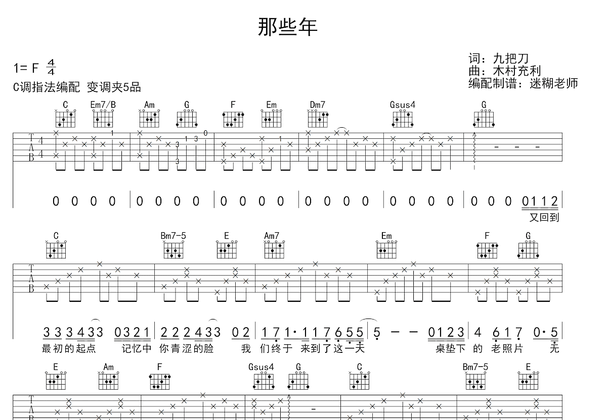 那些年吉他谱_胡夏_C调弹唱