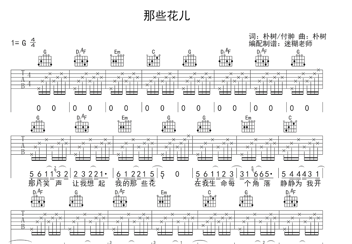 那些花儿吉他谱_朴树_G调弹唱