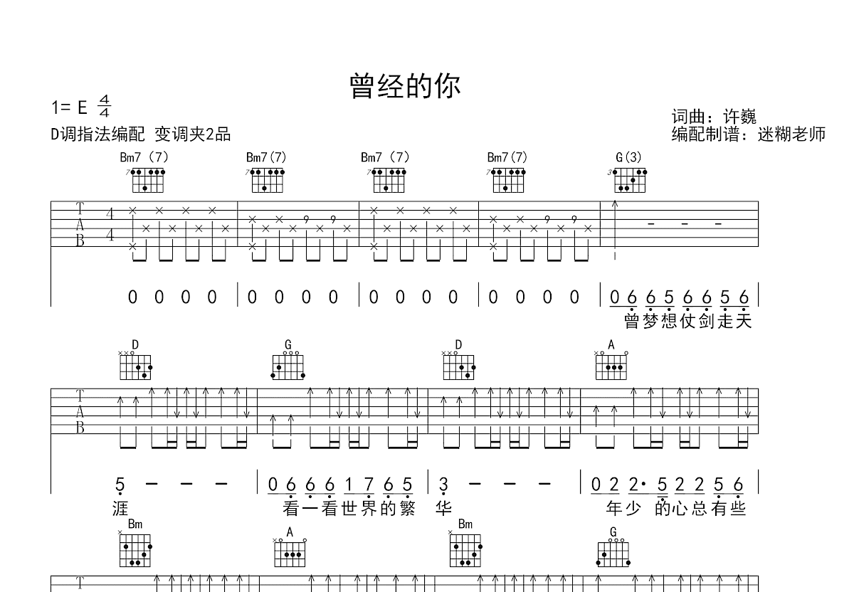 曾经的你吉他谱_许巍_D调弹唱