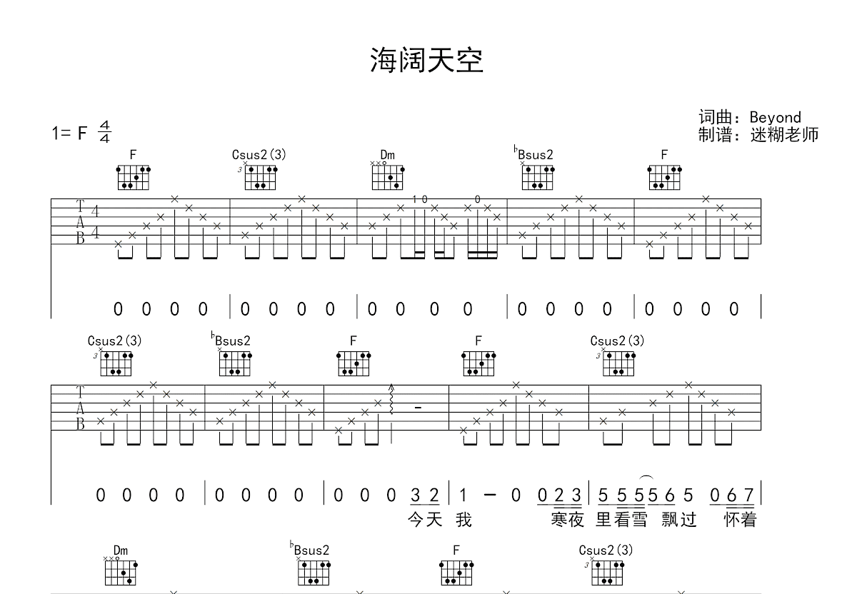 海阔天空吉他谱_Beyond_F调弹唱