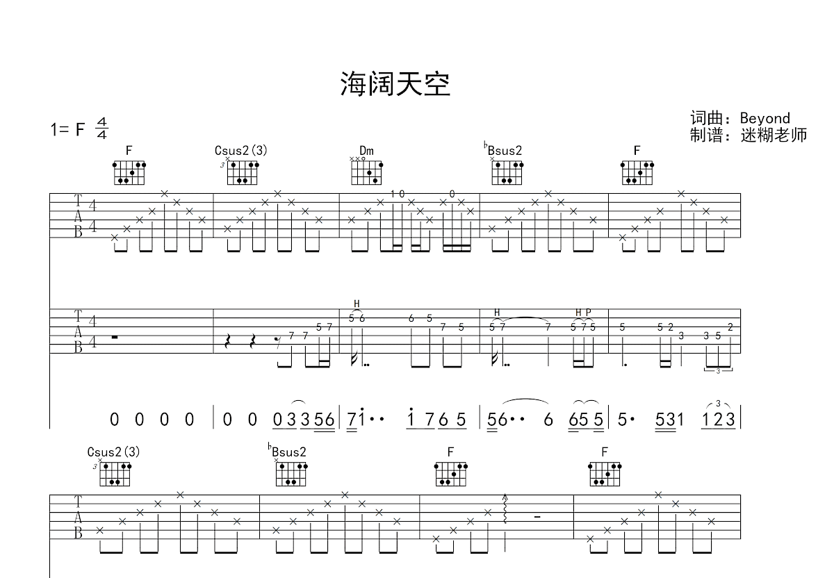 海阔天空吉他谱_beyond_F调双吉他弹唱