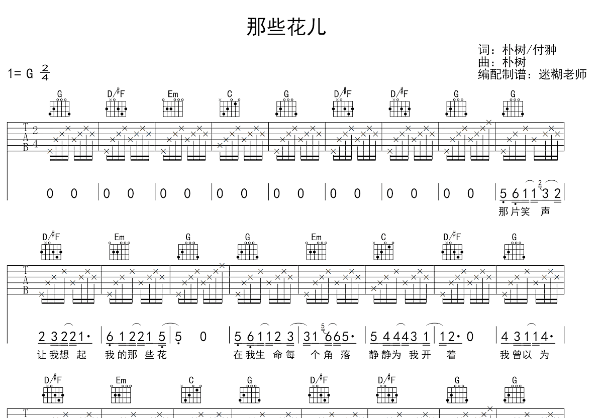 那些花儿吉他谱_朴树_G调弹唱