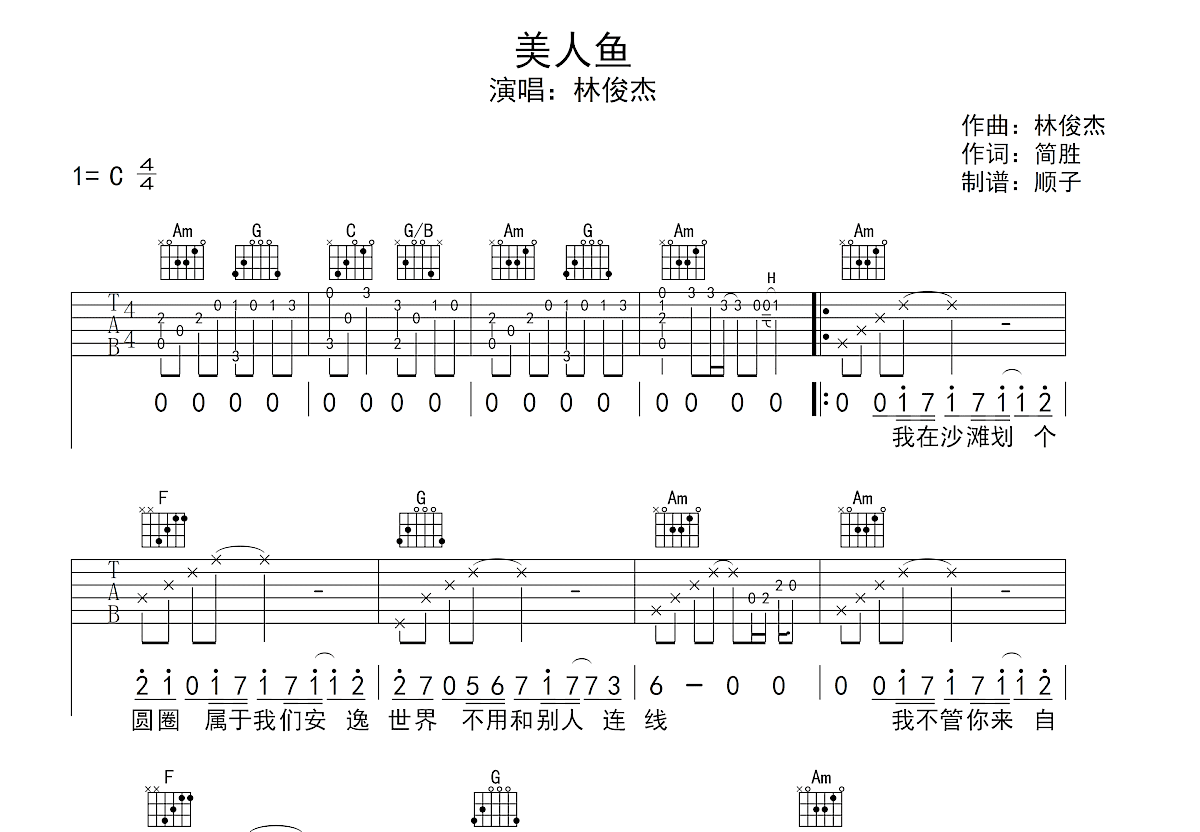 美人鱼吉他谱预览图