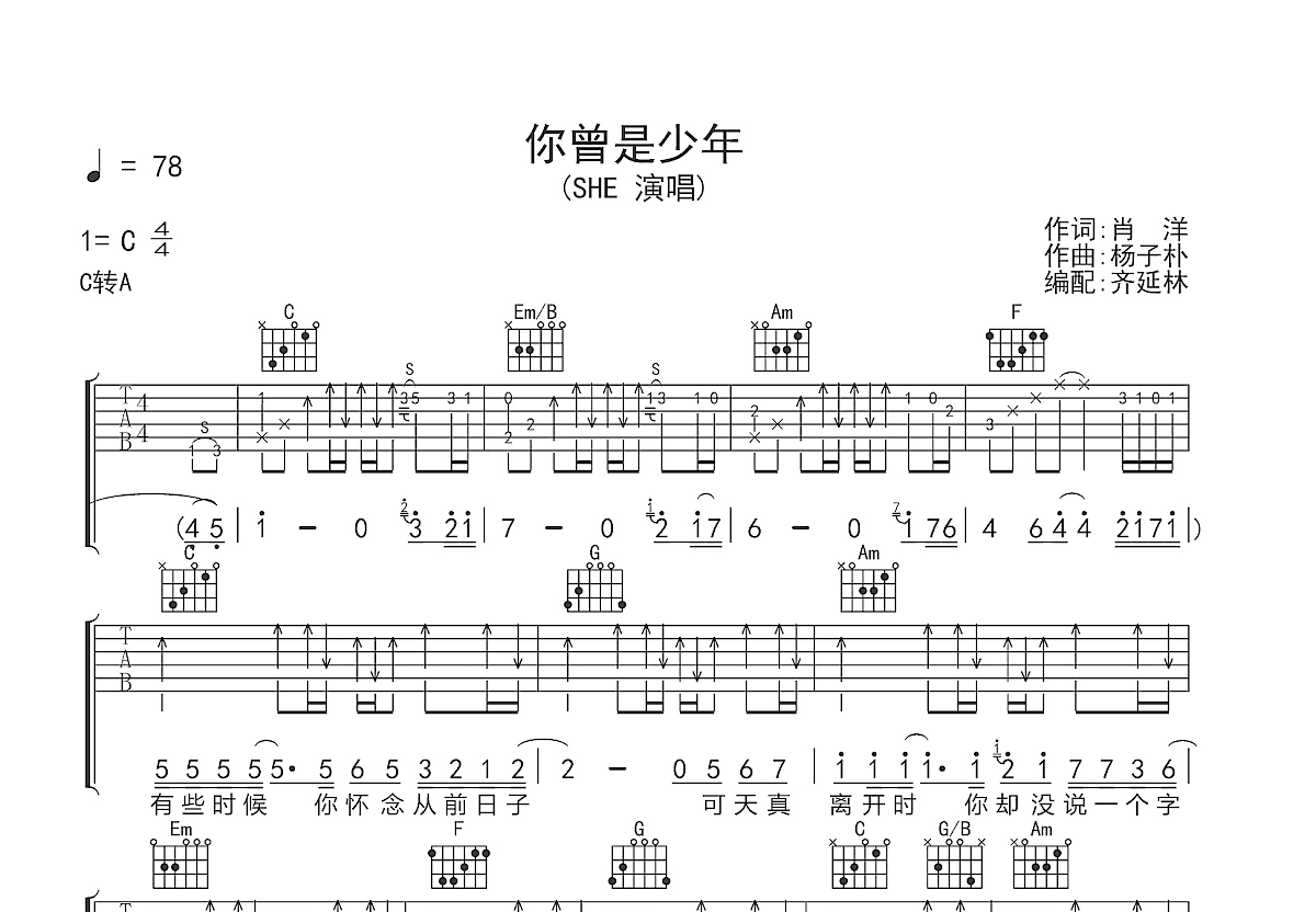 你曾是少年吉他谱预览图