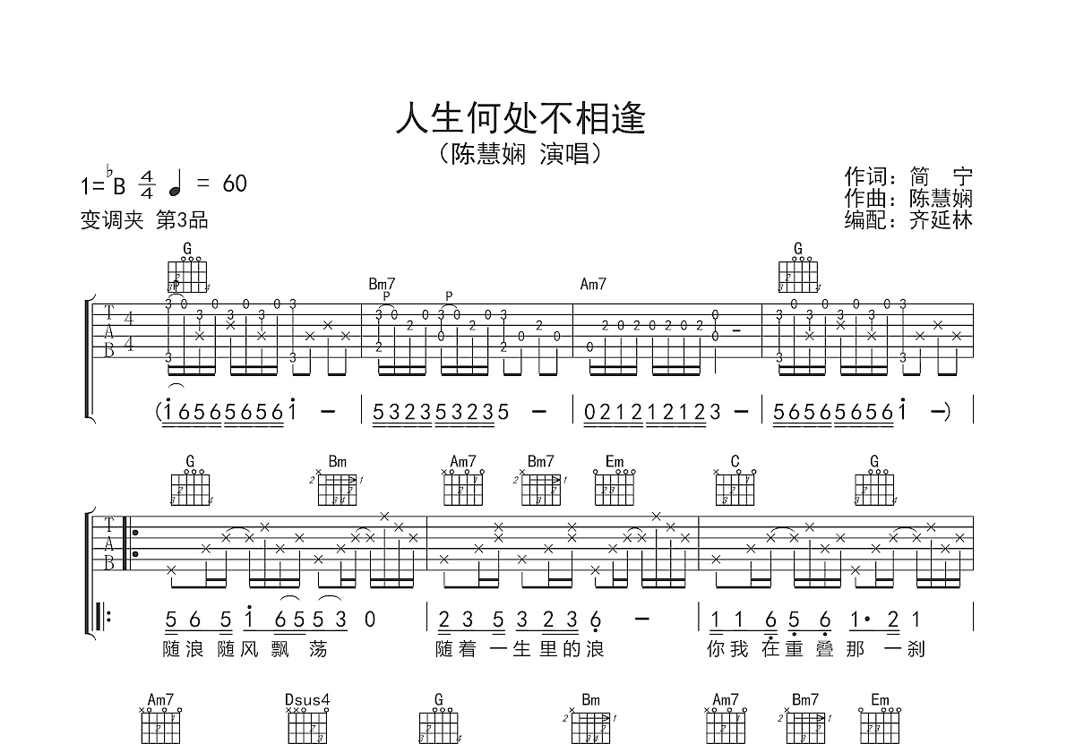 人生何处不相逢吉他谱预览图