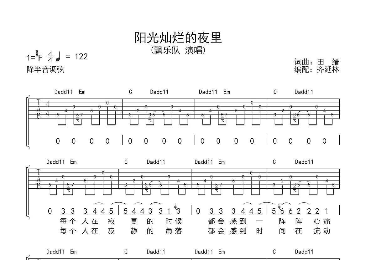 阳光灿烂的夜里吉他谱预览图