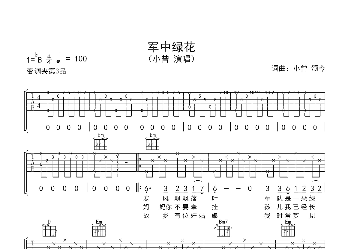 军中绿花吉他谱预览图