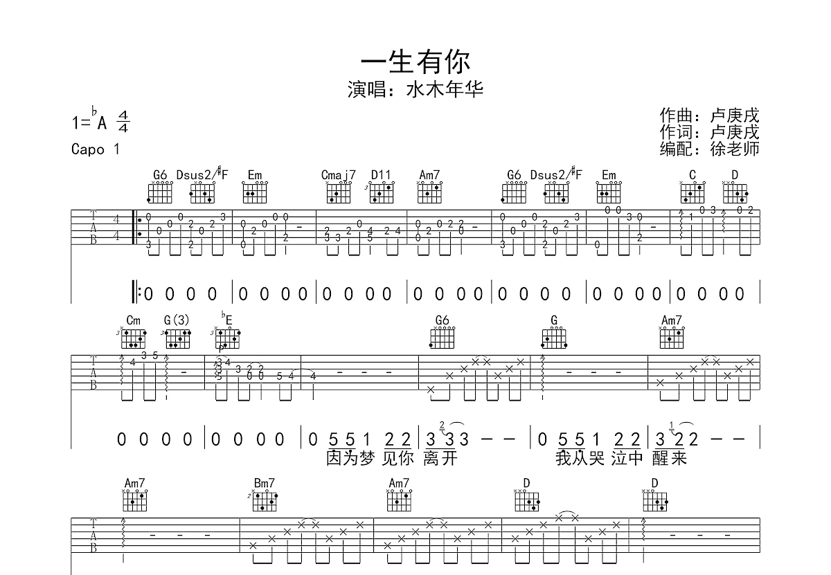 一生有你吉他谱预览图