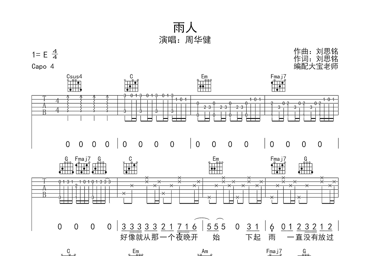雨人吉他谱预览图
