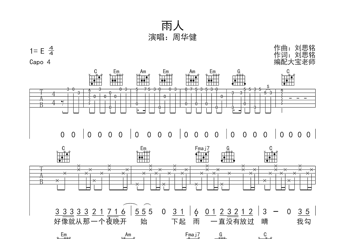 雨人吉他谱预览图