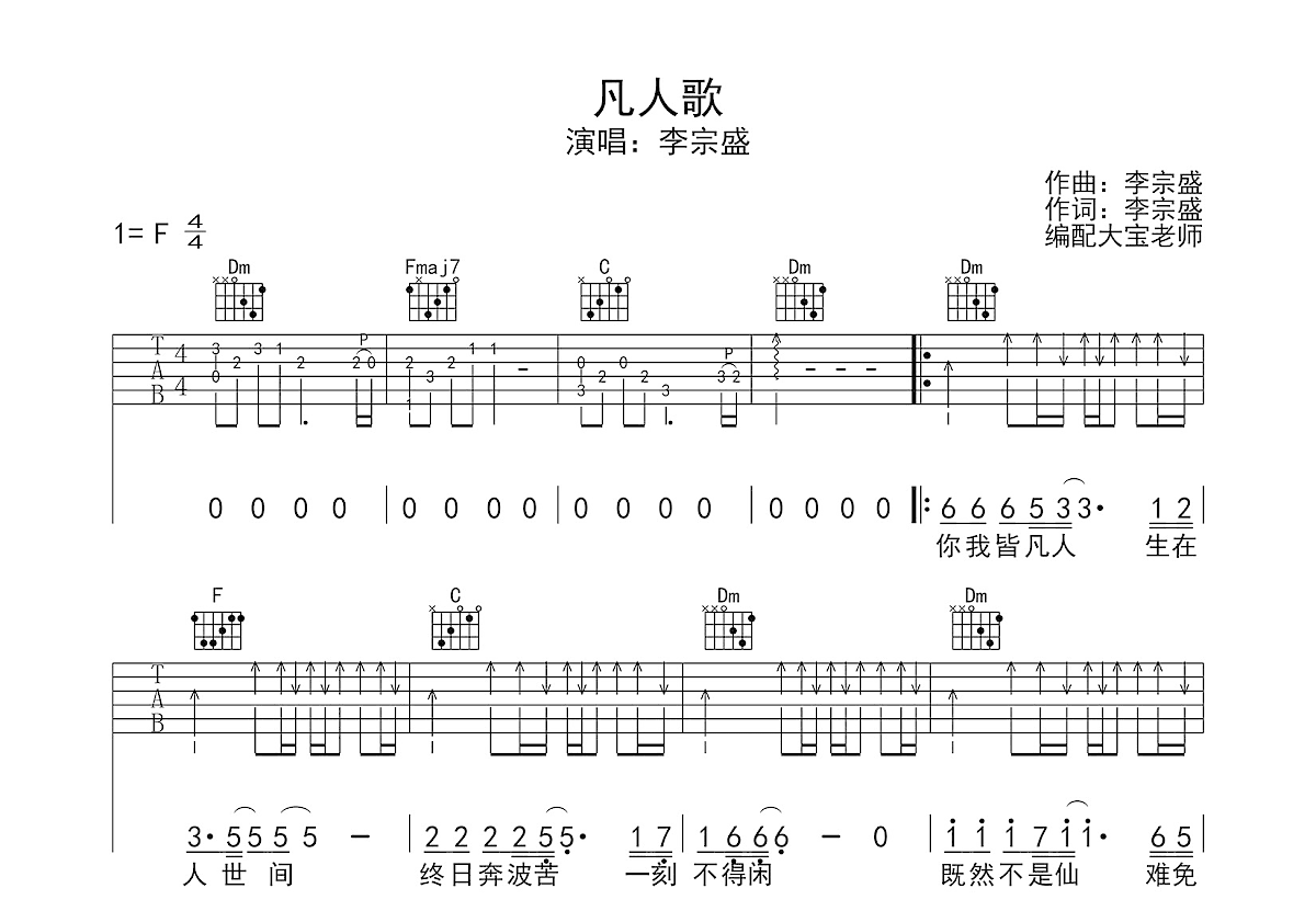 凡人歌吉他谱预览图