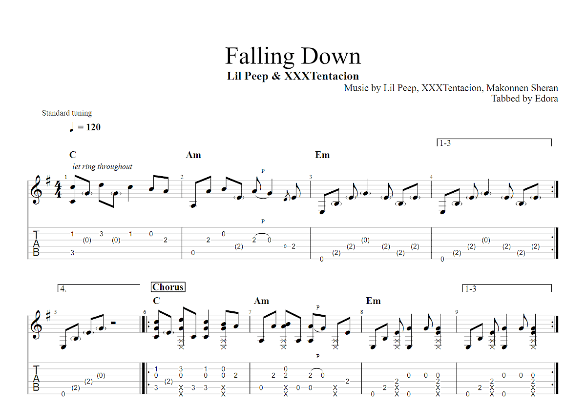 Falling Down吉他谱预览图