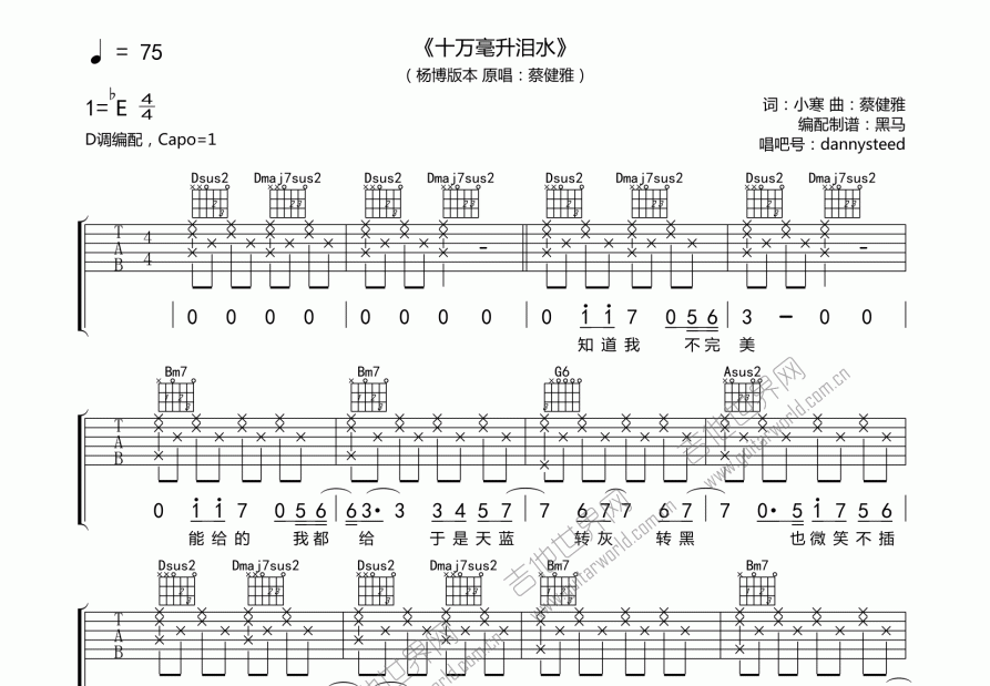 十万毫升泪水（新歌声杨博版）吉他谱预览图