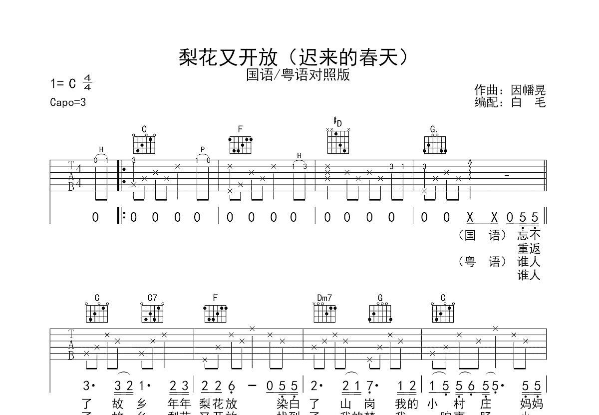 梨花又开放+迟来的春天吉他谱_韩红,谭咏麟_C调弹唱