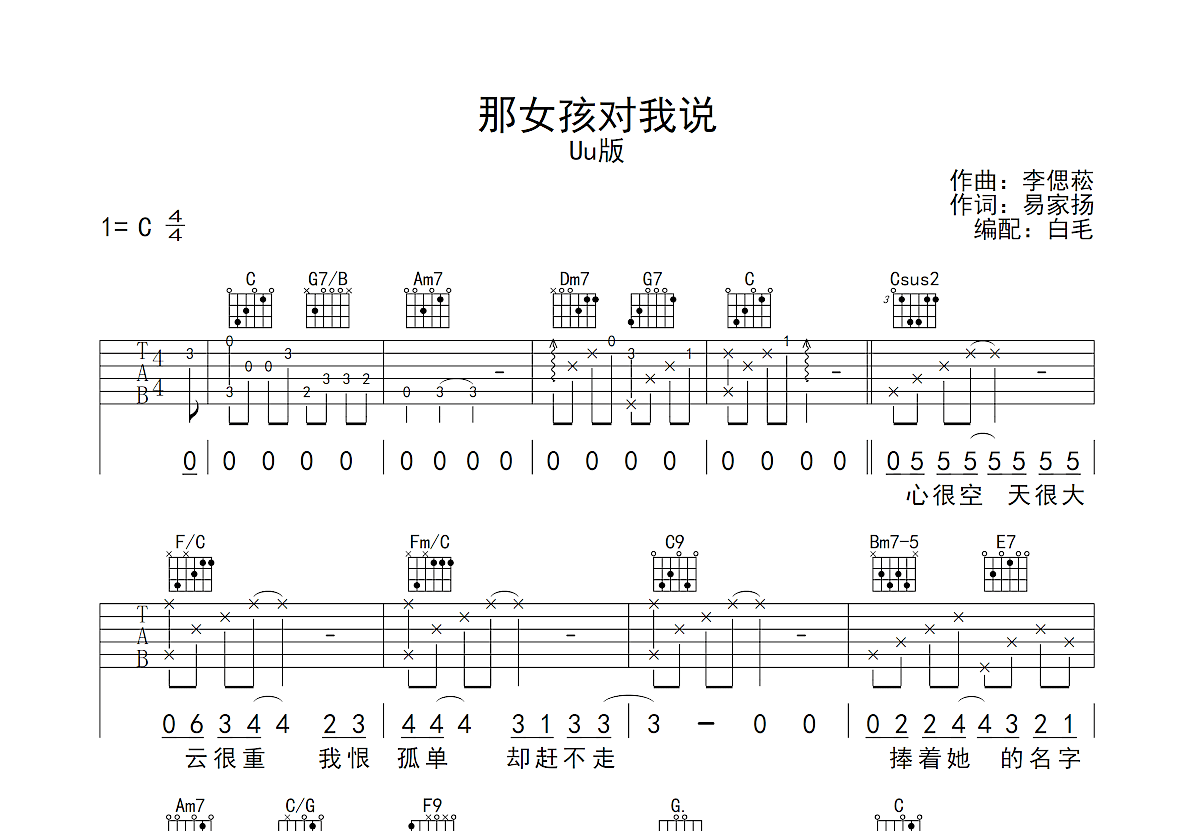 那女孩对我说吉他谱预览图