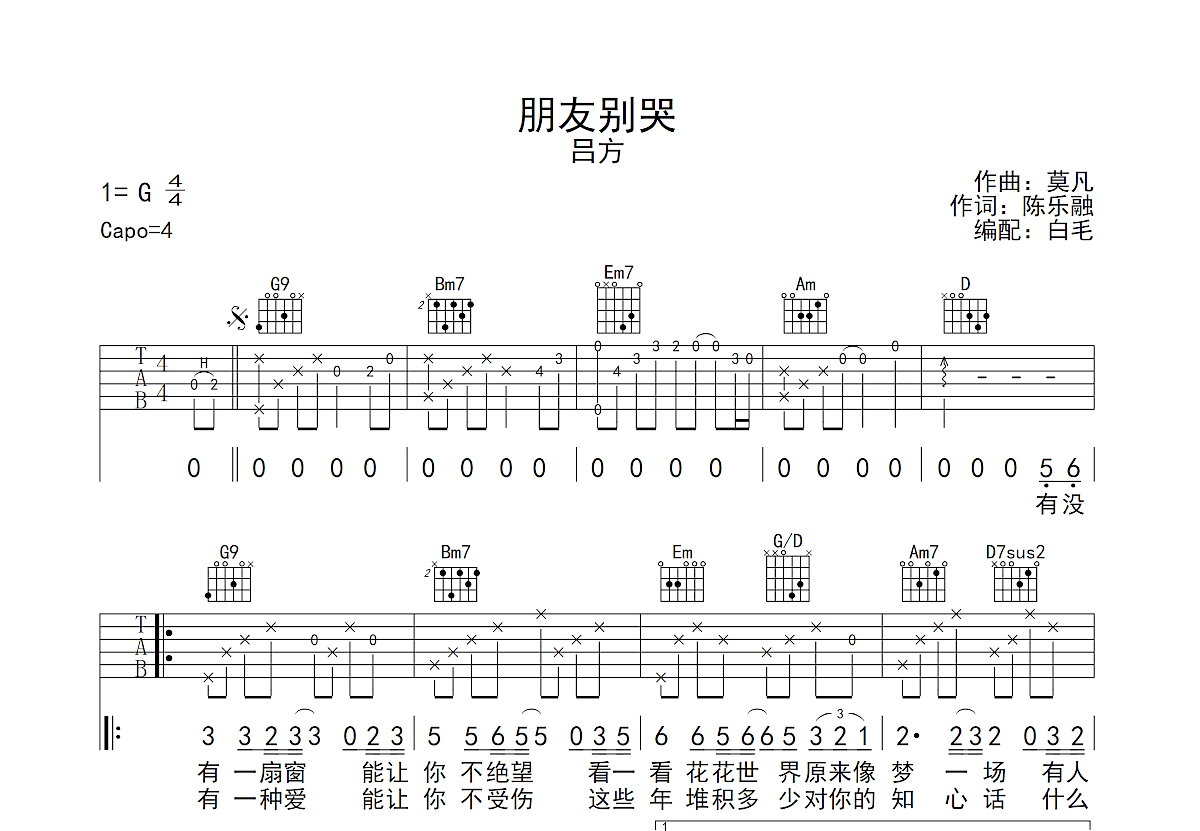 朋友别哭吉他谱预览图