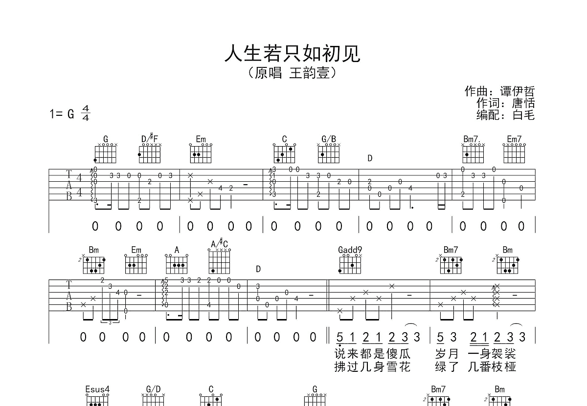 人生若只如初见吉他谱预览图