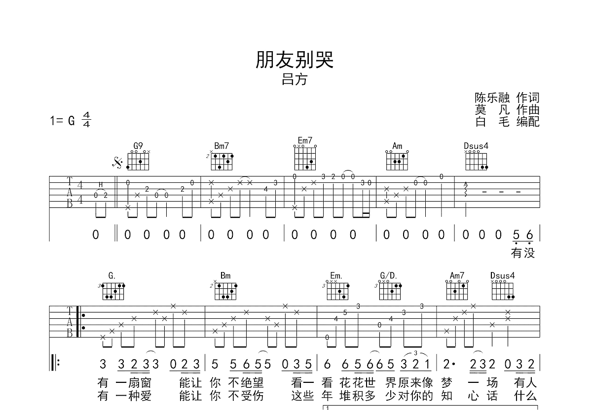 朋友别哭吉他谱预览图