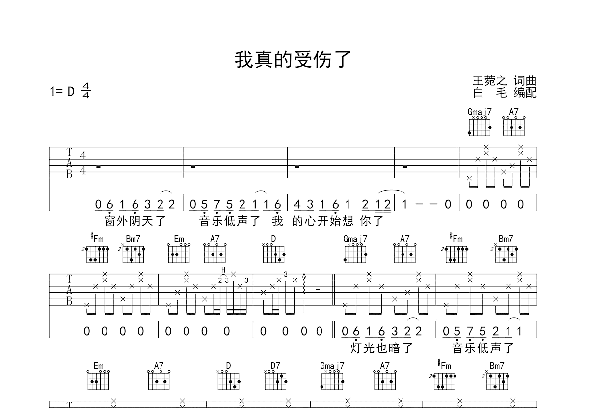 我真的受伤了吉他谱预览图