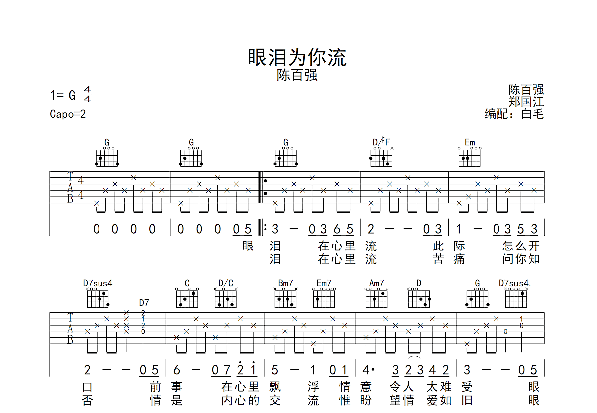 眼泪为你流吉他谱预览图