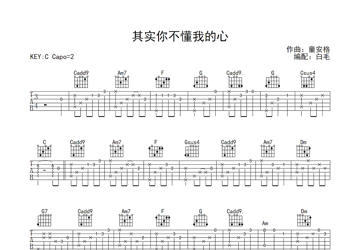 其实你不懂我的心吉他谱预览图