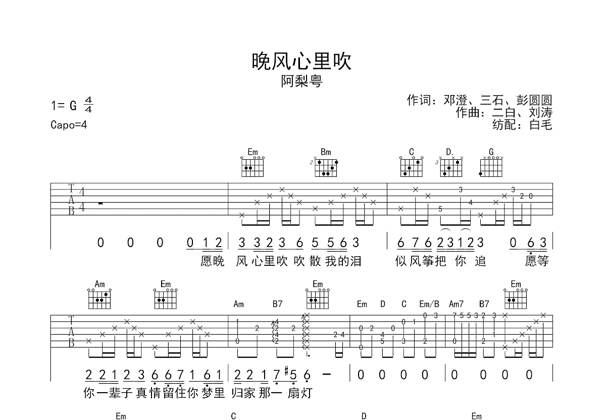 晚风心里吹吉他谱预览图