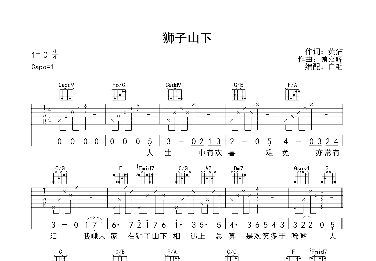 狮子山下吉他谱预览图