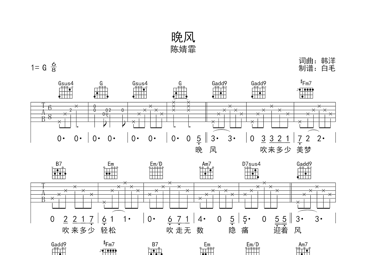 晚风吉他谱预览图