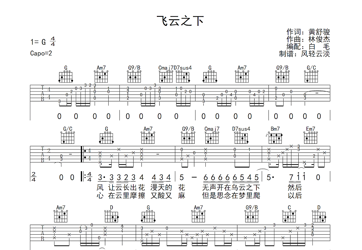 飞云之下吉他谱预览图