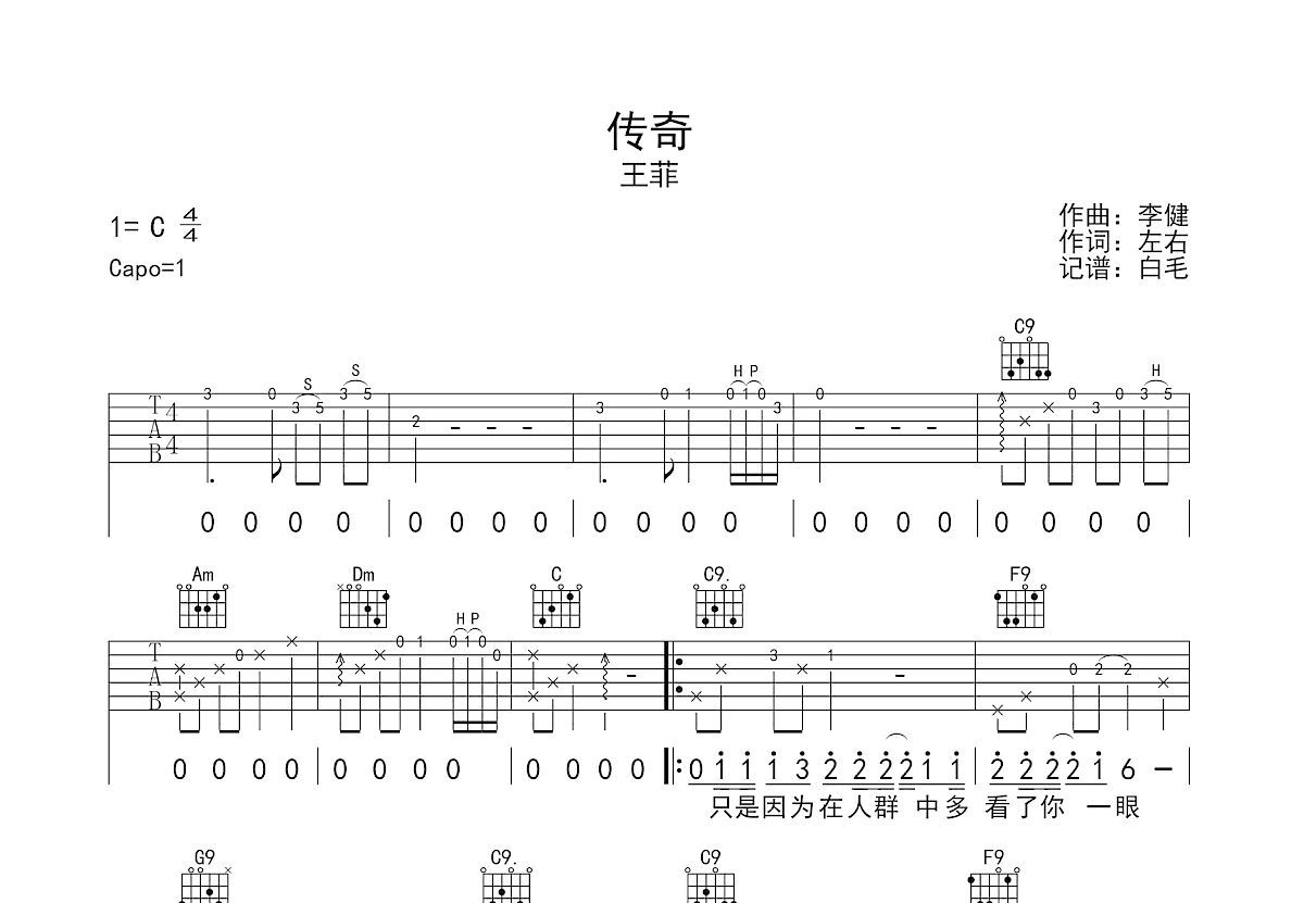 传奇吉他谱预览图