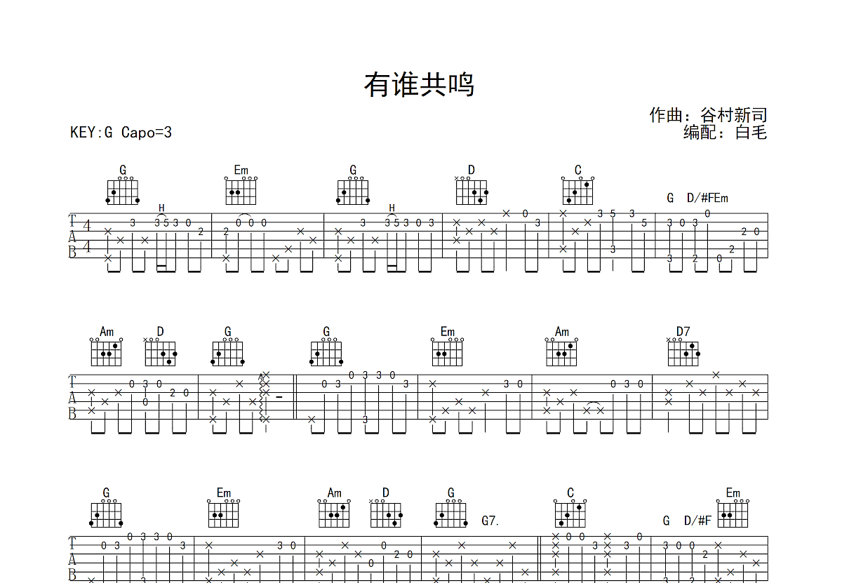 有谁共鸣吉他谱预览图