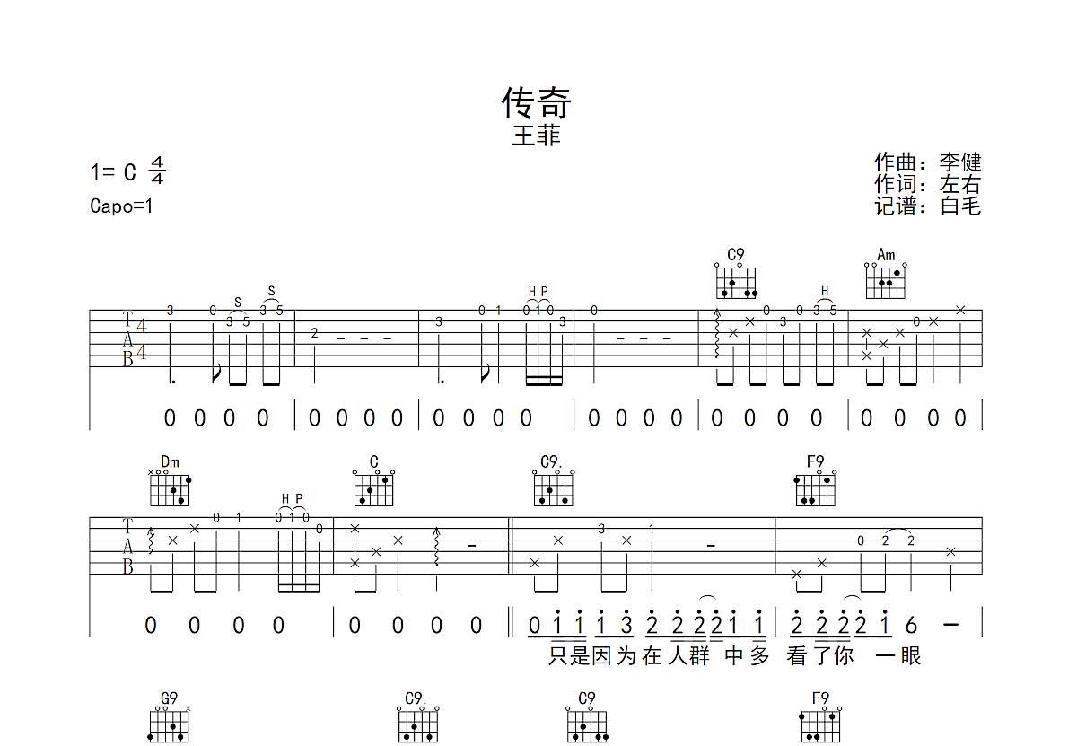 传奇吉他谱预览图