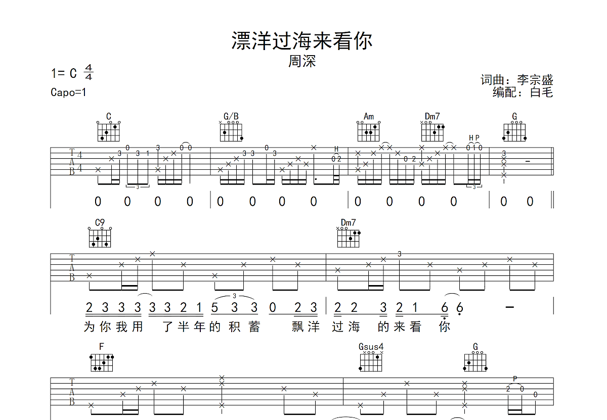 漂洋过海来看你吉他谱预览图