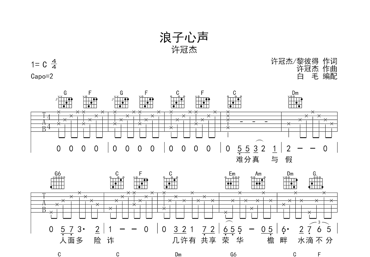 浪子心声吉他谱预览图