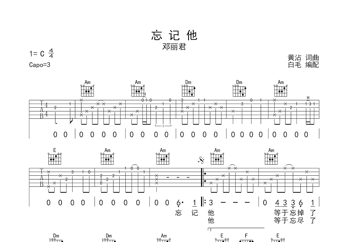 忘记他吉他谱预览图