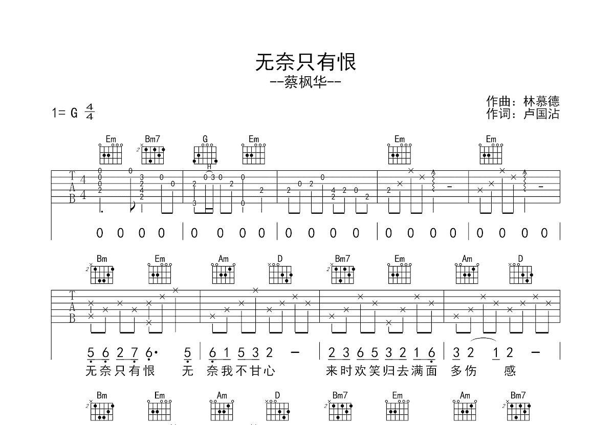 无奈只有恨吉他谱预览图