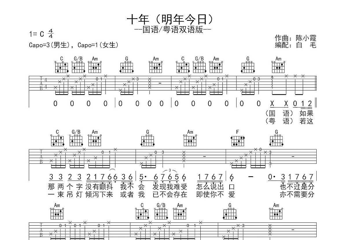 十年明年今日吉他谱_陈奕迅_C调弹唱
