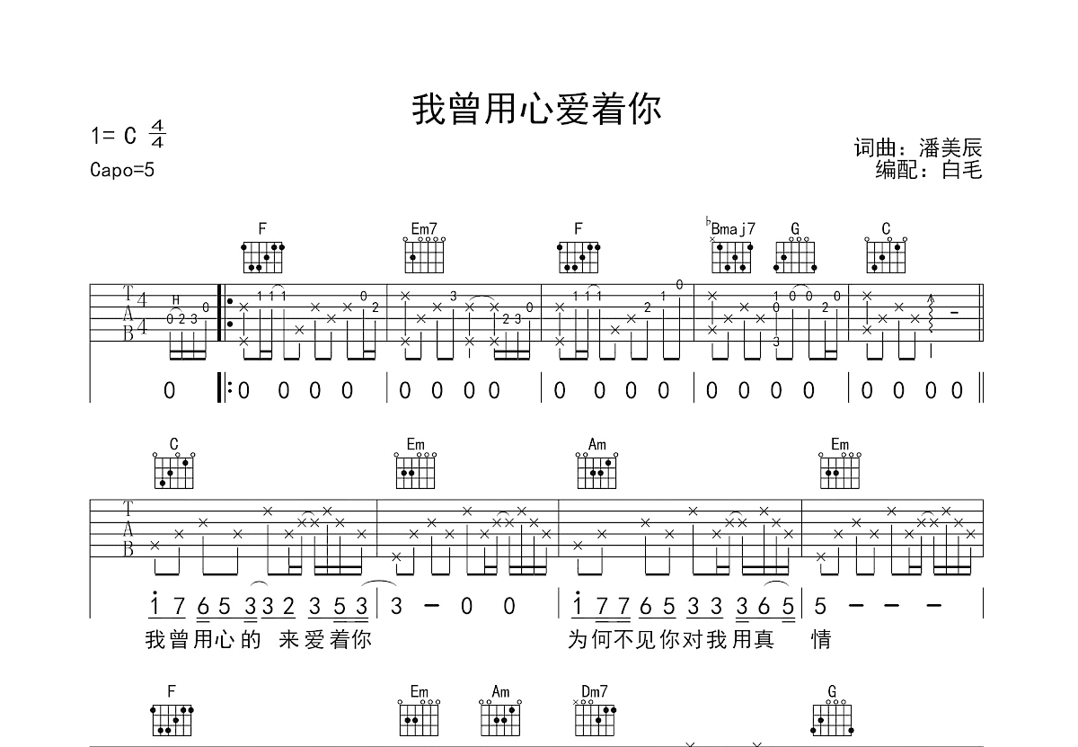 我曾用心爱着你吉他谱_潘美辰_C调弹唱