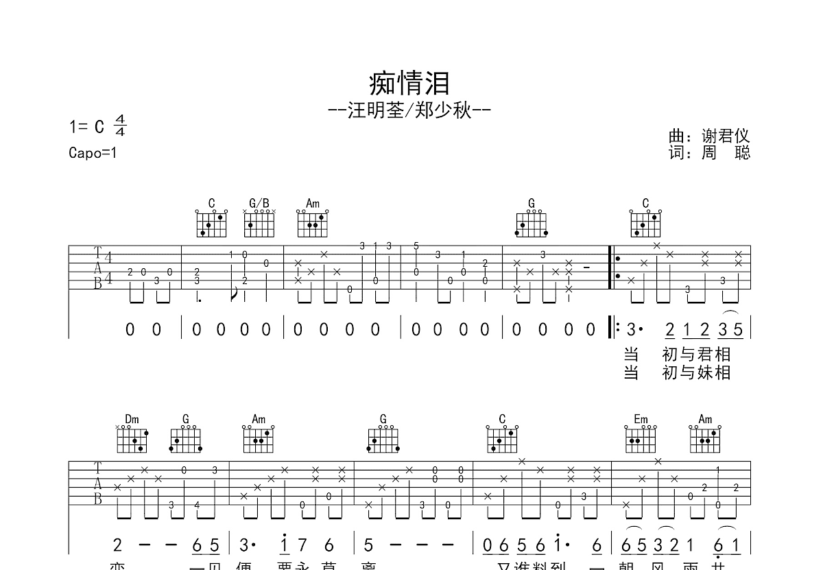 痴情泪吉他谱预览图