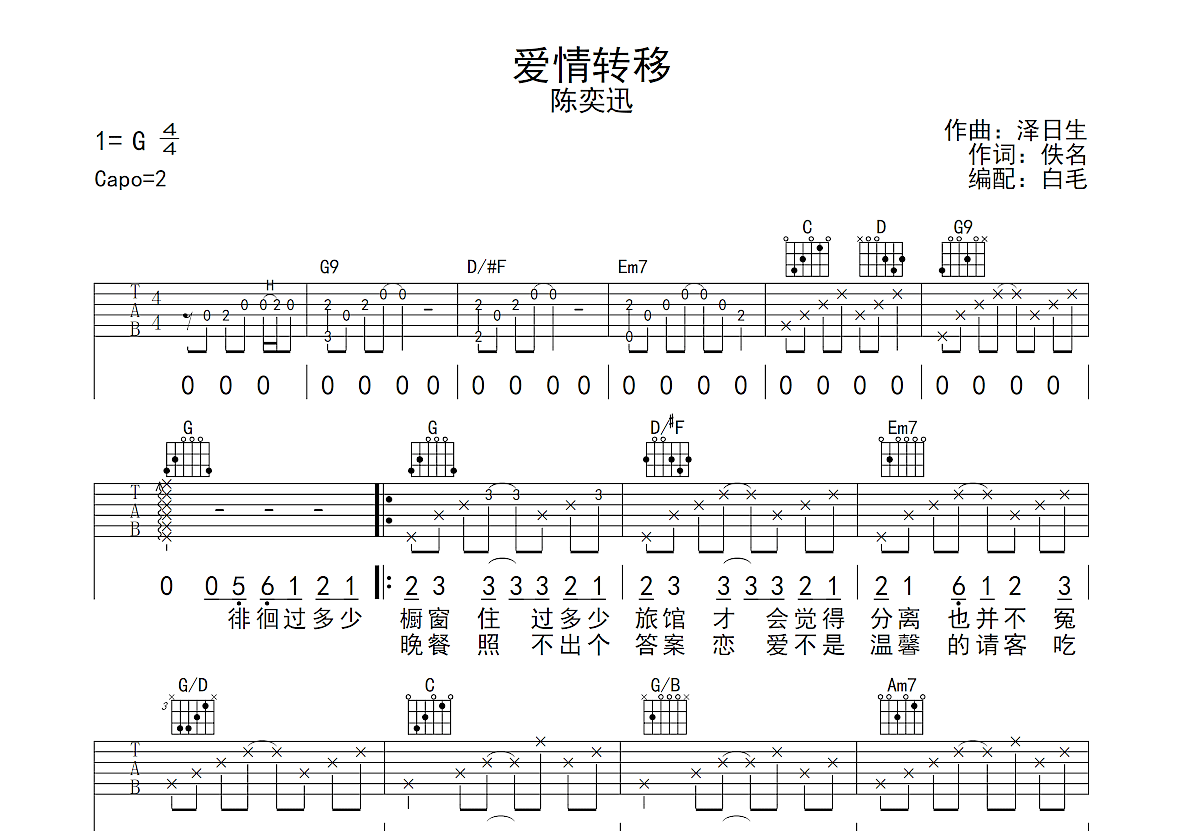 爱情转移吉他谱预览图